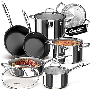 Stainless Steel Nonstick Pots and Pans Set – 11PC, 18/10 Triple Ply Stainless Steel Induction Cookware Set, Kitchen Cookware Sets with Steamer Insert/Stay-Cool Handles, Dishwasher Safe