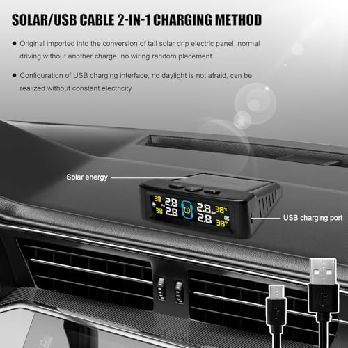 Tire Pressure Monitoring System, Tire Monitoring System with Solar & USB Charger, 4 External Sensors, 6 Alarm Modes, Auto On/Off Real-time LCD Display Tyre Pressure Monitor - Image 4