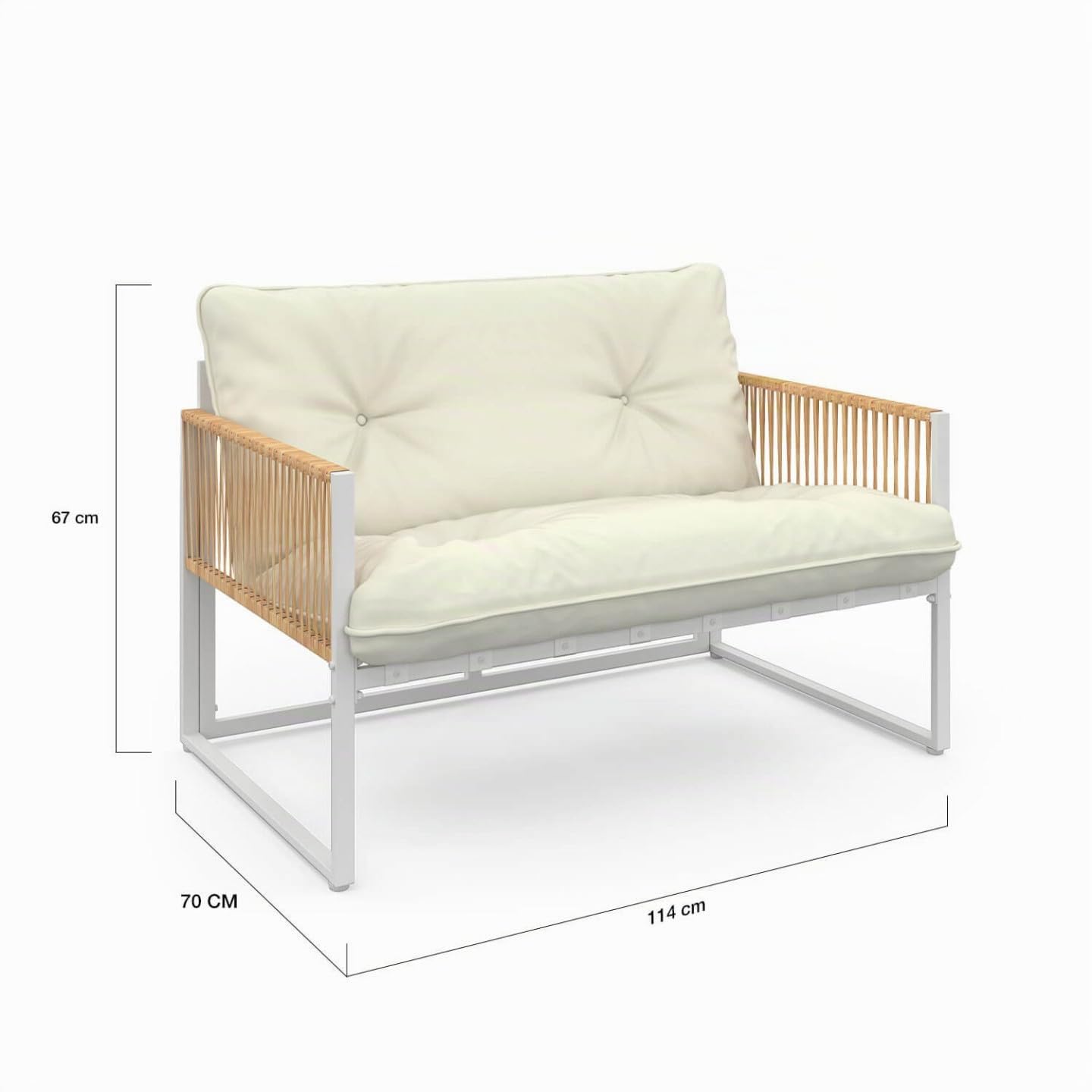 IDMarket – Muebles de Jardín Rio de Nivel Bajo 4 Plazas, Estructura de Metal Blanco, Cuerda de Efecto Ratán Claro y Cojines Beiges