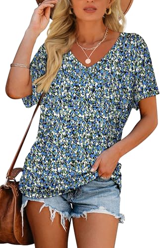 Image of WIHOLL Womens Summer T-Shirts Short Sleeve V Neck Dolman Tops with Side Shirring Loose Fit Shirts Spring Fashion