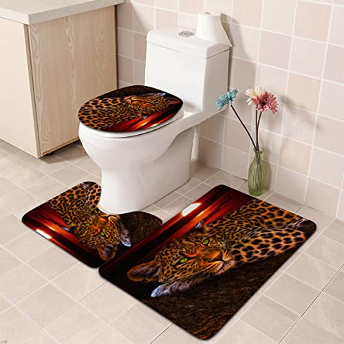 BSHAPPLUS 3-teiliges Badezimmer-Zubehör-Sets, Geparden-Druck, Badezimmermatten-Set mit rutschfesten Teppichen, WC-Deckelbezug und Badematte, Badezimmerteppiche, Flanellmatte, Küche, Eingang – Bild 4