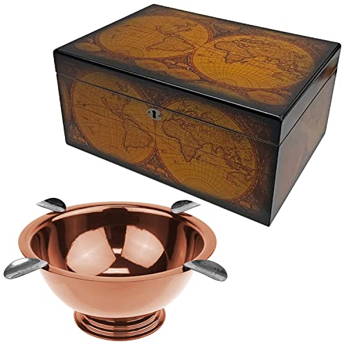 Quality Importers Old World Desktop Humidor With Spanish Cedar Tray & Stinky Cigar 4-Stirrup Deep Bowl Ashtray (Copper Plated)