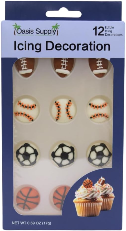 Oasis Supply Edible Fun Shapes Hand-Painted Sugar Cake & Cupcake Toppers Sports/Athletics Party Decorations (Assortment, 12)
