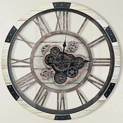 DORBOKER 30" Large Wall Clock Moving Gears,Oversized Industrial Rustic Farmhouse Clocks for Living Room Decor Office Home, Solid Wood Retro Metal HD Tempered Glass Cover,Desert Beige