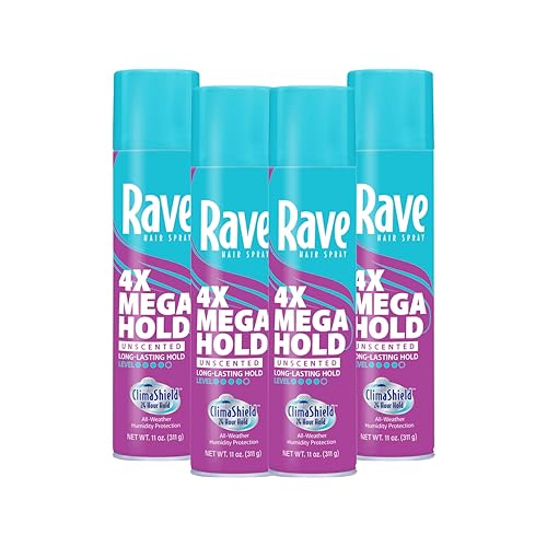 Rave 4X Mega Unscented Aerosol Hairspray - Hair Spray for High Humidity Weather - 24-Hour Lasting Hold - Vitamin-Enhanced Hair Volume Spray - 4 pc