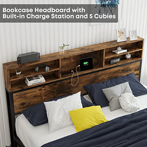 Likimio Full Size Bed Frame With Tall Bookcase Headboard And Charging Station, Solid And Stable Platform Bed, Noise Free, No Box Spring Needed, Vintage Brown #TOP3