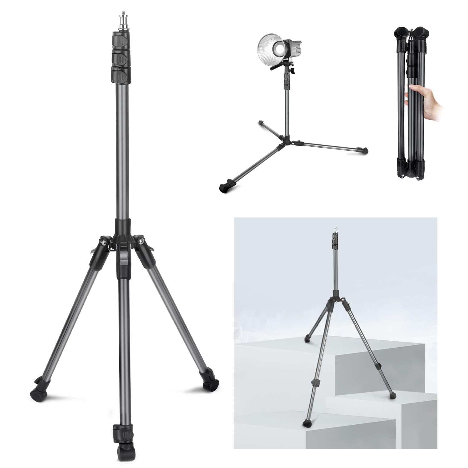 Extendable Photography Light Stand, Adjustable 6.6ft/2m Aluminum Light Tripod Stand for Travel, Reversible Portable Studio Lighting Tripod for Ring