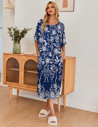 Image of Ekouaer Women's Nightgown Short Sleeve Sleepshirt Long Loungewear Casual Maxi Lounge Dress House Dresses with Pockets