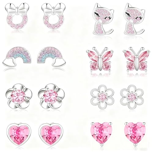 EXGOX 8Paare Hypoallergen Ohrstecker Silber925 Damen Tiny Ohrstecker Silber AAAAA Zirkonia SterlingSilber Ohrringe Set Schmetterling Silber Ohrringe