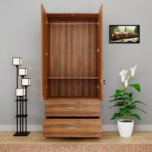 Image of VIKI Wardrobe | Wooden Almirah for Clothes,Door for Bedroom, 2 Door Wardrobe with Drawer, Mirror & Hanging Space (Brussel Walnut - 40D x 80W x 180H) | 1 Year Warranty | Free Assembly