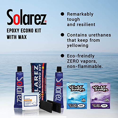 Solarez Epoxy Econo Gift Kit + Sticky Bumps Wax! ~ Uv Cure Epoxy Surfboard, Sup, Wakeboard Repair W/Epoxy Fiberfill Putty + Microlite Epoxy Putty + 2 Grit Sand Pads + Acetone Prep-Pad + Cool/Cold Wax #TOP4