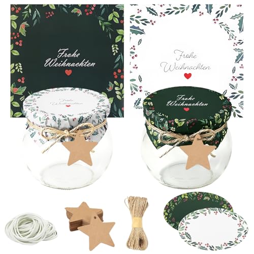 exatta Set da 40 coperchi per barattoli di marmellata natalizi, 40 coperchi di barattoli in carta+40 etichette per marmellata + 40 Etichette + Corda da 20m + 40 elastici（Bianco e verde）