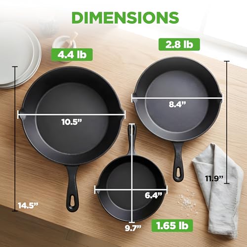NutriChef Pre-Seasoned Cast Iron Skillets - 3 Pieces Cast Iron Cookware Set w/Drip Spout and Scraper - Compatible with Induction, Electric Stovetop, Gas, & Ceramic - NCCI76 by NutriChef - Image 7