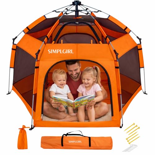 Image of Premium Indoor and Outdoor Baby Playpen - Portable, Lightweight, Pop Up Pack and P Lay Toddler P Lay Yard w /Canopy and Travel Bag - Orange