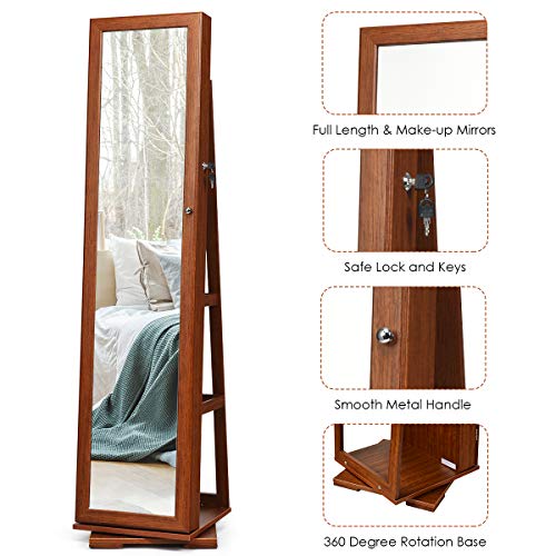 Mat Expert 360 Rotating Jewelry Armoire With Mirror, Freestanding Jewelry Storage Mirror W/78 Ring Slots, 24 Necklace Hooks, 120 Earring Slots, Lockable Standing Jewelry Organizer For Makeup (Walnut) #TOP3