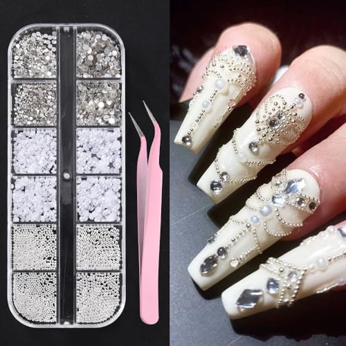 3D Mixed Sizes Nail Art Charms White Flatback Pearls Silver Metal Caviar Beads Clear Crystals Gems with Pickup Tweezers, Nail Jewelry Manicure Supplies DIY Crafts Decorations for Women Girls