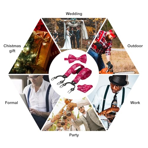 Image of HISDERN Suspenders for Men Paisley Floral Bow tie Suspender Pocket Square Sets Adjustable Y Shape 6 Clips Wedding Braces