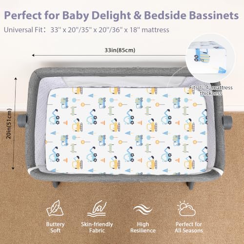 Image of Baby Bedside Bassinet Sheets Fitted, 33 inchx20 inch Compatible with Baby Delight Dream On Me & Most Rectangle Bedside Sleeper Bassinet Mattresses, Super Soft Microfiber Blue Truck