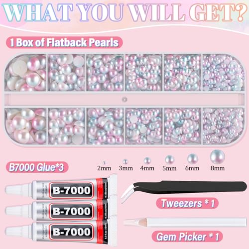 Image of Flatback Pearls for Crafting with 3Pcs 10ml B7000 Jewelry Glue, 1 Box of Half Round Pink Mermaid Pearls, Bedazzling Beads for DIY Crafts Clothing Tumblers Shoes Embellishment Nail Art