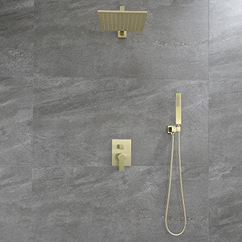 SHAMANDA Brass Rainfall Shower System, Luxuly Bathroom Shower Faucet Combo Set Brushed Gold(Including Rough-In Valve Body and Trim), L70001-3