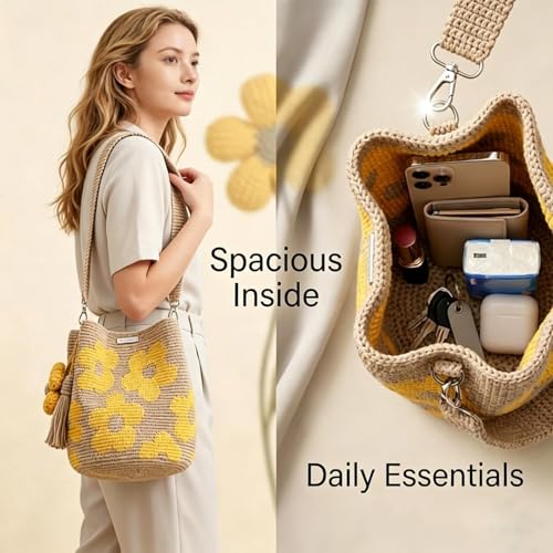 Bolso tote tejido a mano con flores para mujer miniatura 4
