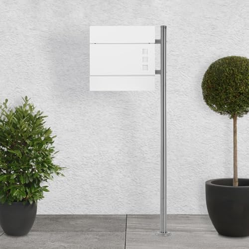 ECD Germany Standbriefkasten mit Zeitungsfach, Design Briefkasten mit Pfosten, Briefkastenanlage, Briefkastenständer Silber 120 cm Edelstahl, Postkasten Weiß 37x10,5x36,5 cm Stahl pulverbeschichtet