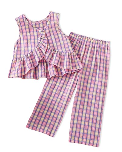 4T Girl Clothes Toddler Girl Clothing Summer Set Size 4 Girl Outfit Lovely Girl Matching Cute Sleeveless Ruffle Purple Plaid Cardigan Button Close Top Long Pants Cute 3T Spring Dressing 2Pcs