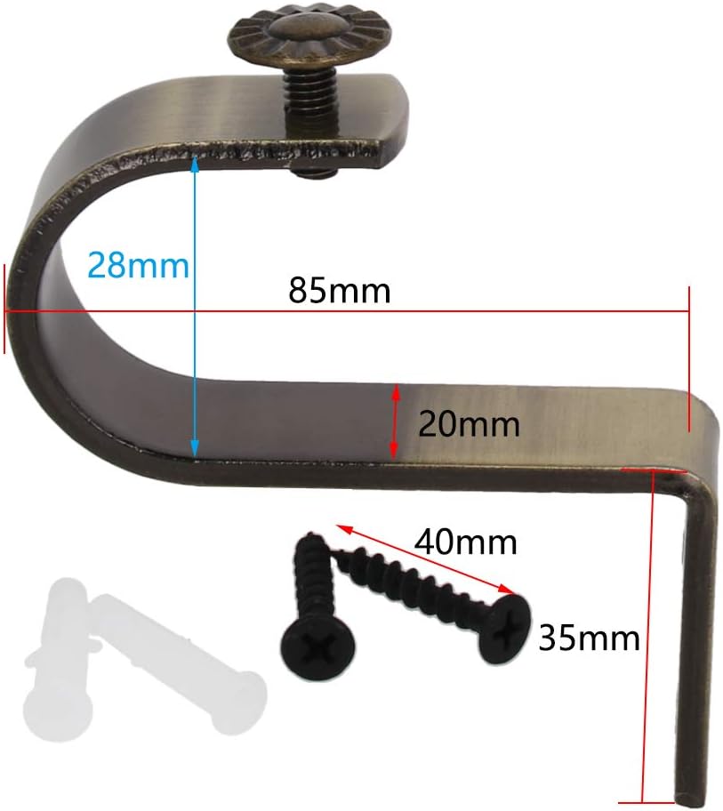 MroMax 2Pcs 85 X 35 X 20mm Curtain Rod Bracket Wall-Mounted Iron Single Holder Support for 28mm Drapery Rod Bronze