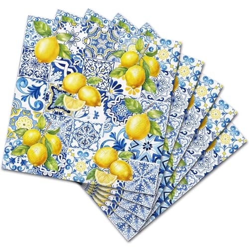BIGTHREE Lunchtime Napkins for Party Supplies Blue Yellow Napkin Lemon Tile Pattern Paper Napkins 20 Sheets Decorative Dinner Paper Napkin for Spring Summer Party Decor Supplies