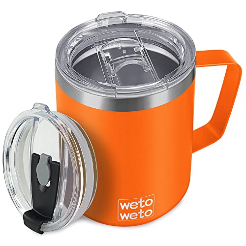 Image of WETOWETO 14 oz Coffee Mug, Vacuum Insulated Camping Mug with Lid, Double Wall Stainless Steel Travel Tumbler Cup, Coffee Mugs Outdoor, Powder Coated Orange