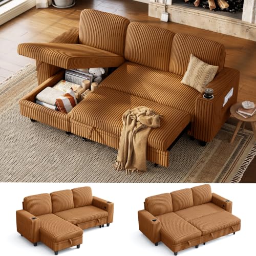 Image of LINSY HOME Sectional Sleeper Sofa Couch with Storage Chaise & USB Charging, Plush Corduroy Convertible Pullout Sofa Bed, Modular Sectional Couches for Living Room Bedroom (Brown, 81'' L-Shaped Sofa)