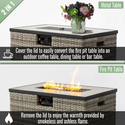 32" Propane Gas Fire Pit Table with Propane Tank Cover 2-Pieces, 50000 BTU Rectangular Steel Fire Pit with Beautiful Wicker Base for Outside Garden-Beige
