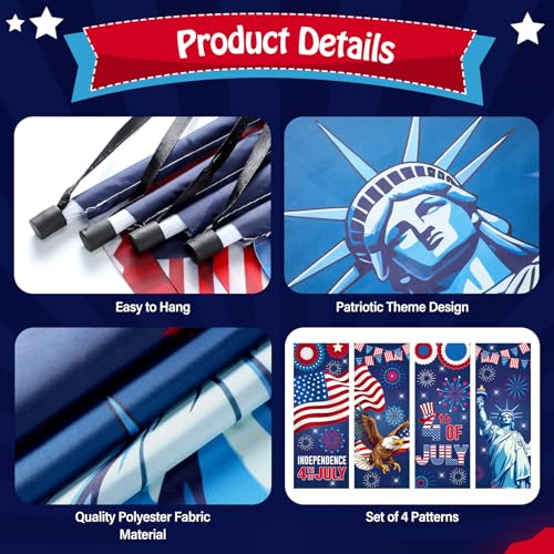 Image of Panelee 4 Pcs 4th of July Decorations Patriotic American Flag Eagle Porch Banner Independence Day Hanging Banner Porch Signs for Independence Memorial Veterans Day Wall Indoor Outdoor Decor(Patriotic)