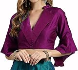Fashnkart Blusa de sari cosida para mujer, parte superior de seda india Dupion, cuello Bollywood Sari Choli, media manga, abertura lateral con cremallera, Morado (, 50