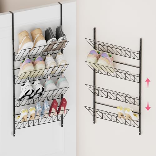 10 Best Over the Door Shoe Rack Reviews and Guide 12 SWTYMIKI Over the Door Shoe Organizer - Adjustable 4 Tier Hanging Shoe Rack Organizer, Metal Heavy Duty Behind Door Storage or Wall Mount Shoes Shelf for Flats, Heels, Sneakers, Boots Black