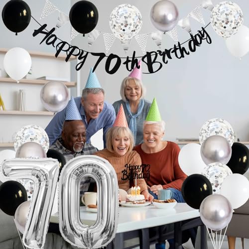 Image of 70th Birthday Decorations for Men, Black Silver 70th Birthday Balloons with Black Happy 70th Banner 70 Cake Topper Decoration Number 70 Balloon for Women 70th Party Decor