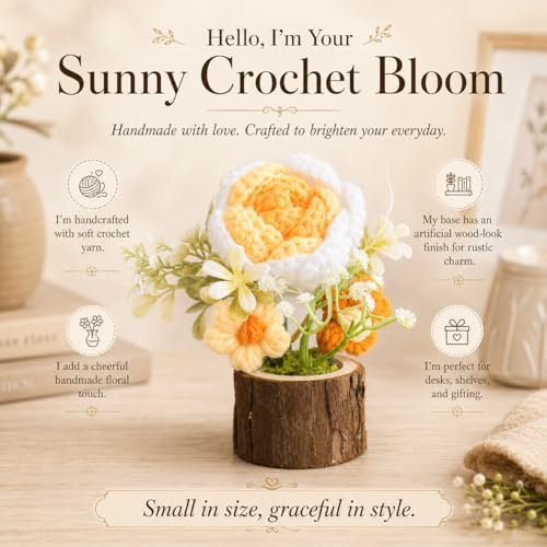 Image of Handmade Crochet Flower with Real Wood Base, 12 cm Yellow White & Green Artificial Knitted Rose Bouquet for Home Office Table Shelf Desk Decor, Bedroom Living Room Gift Decoration