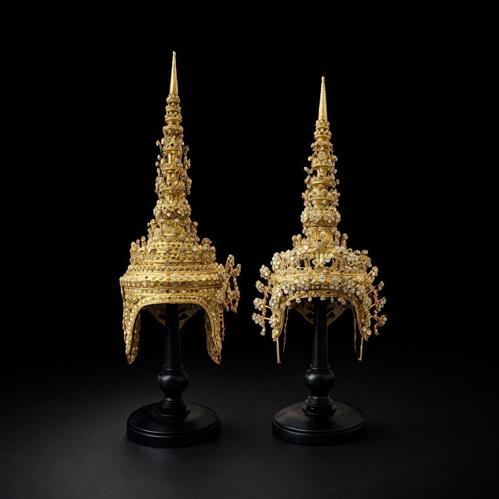 SIAM REGAL Thai Traditional Gold Bridal Crown Headdress, Wedding Jewelry Headpiece, Temple Dancer Tiara, Cultural
