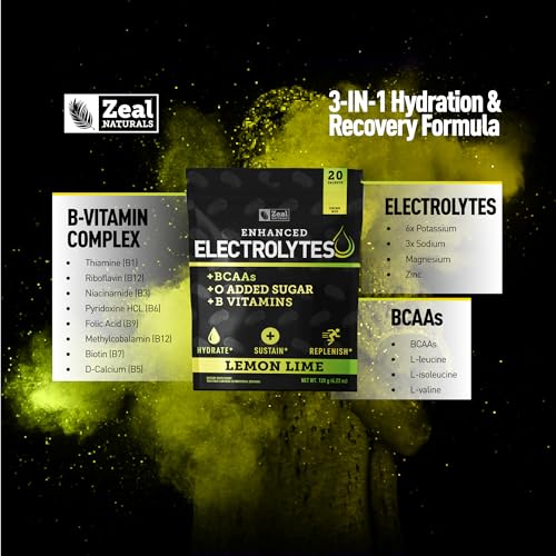 Image of Enhanced Electrolyte Powder Stick Packs (Lemon Lime | 20 Packets) w / 0 Sugar +BCAAs +B-Vitamins Electrolyte Supplement w Potassium Zinc & Magnesium for Hydration - Keto Electrolytes