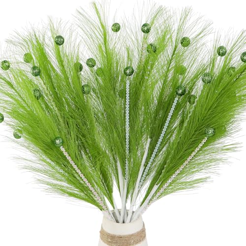 Donfulily Juego de 4 decoraciones de césped sintético de Navidad, ramas de hierba de lentejuelas artificiales de 17 pulgadas con puntas de bayas con purpurina para decoración de árbol de Navidad,