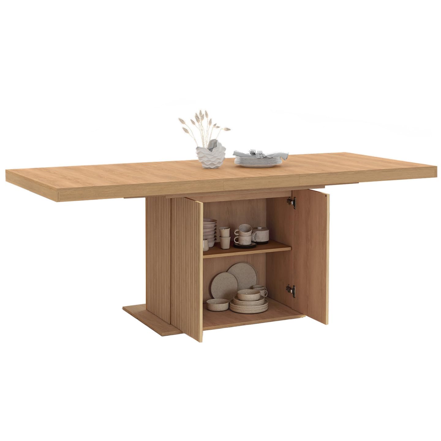 IDMarket - Mesa de Comedor Extensible Rectangular Juliette 6-10 Personas, con Pata Central Efecto Laminado y Almacenamiento, 160-200 cm