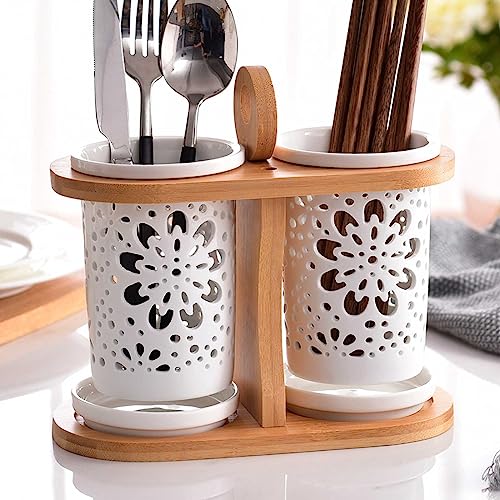 Ceramiczny uchwyt na sztućce ze zdejmowaną przegródką – organizer kuchenny na łyżki, pałeczki i szpatułki, w zestawie stojak odpływowy do zlewu