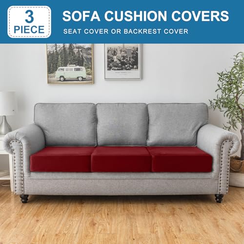 Image of Couch Cover Stretch Velvet Sofa Cushion Cover 3-Piece - Elastic Washable Slipcover for Seat /Backrest, Couch Seat Covers for Sofas (Christmas Red)