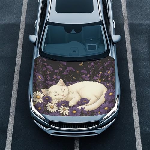 Image of Car Hood Cover,Snowproof Car Hood Cover Protector Suitable Most Automotive Sedans Trucks Pickup Sports Cars,Car Accessories Cat Daisy Print