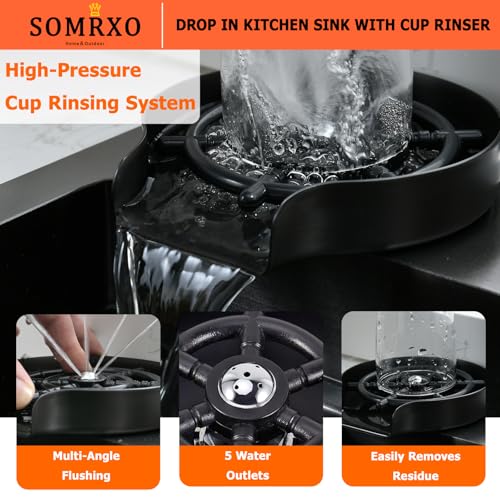 SOMRXO 30×22 Drop In Kitchen Sink with Faucet Combo - Black Stainless Steel Drop In Sink with Cup Washer, 9 Inch Deep Single Bowl Sinks and Faucets Combo Set,Top Mount Design for Modern Kitchens by SOMRXO - Image 6