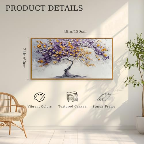 crmotu Tree of Life Framed Wall Art Large Artwork, Purple Gold Tree Abstract Art Prints, Nature Plant Aesthetic Canvas Art Wall Decor Living Room Bedroom, Zen Spiritual Home Decor Paintings 24x48inch