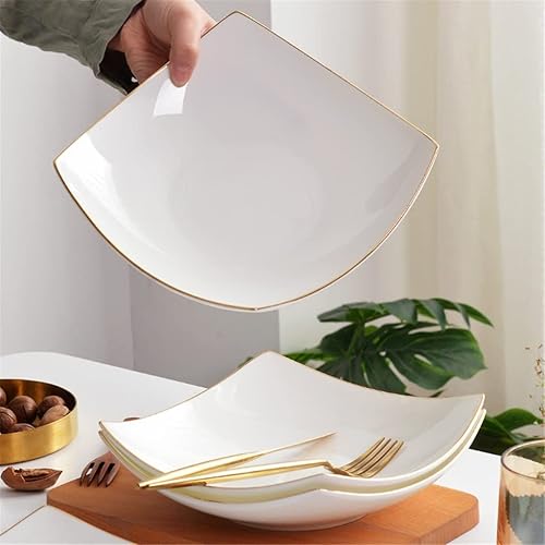 Miniatura 4 de Plato de porcelana blanca de 8.7 pulgadas con borde dorado Plato de cena para el hogar Vajilla simple Ensalada Plato de fruta Plato de porcelana de