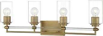 Minka Lavery 2644-575 Binsly Rectangular Plate with Clear Glass Cylinder Bath Vanity Wall Light, 4-Light 240 Total Watts, 10" H x 32" W, Aged Brass