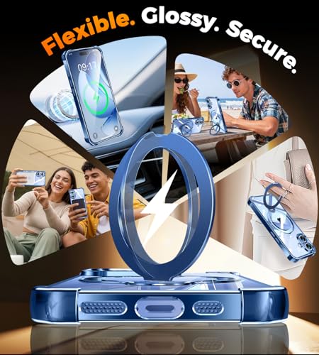 Image of Soft Case for iPhone 17 with 360 Rotating Magnetic Stand, Compatible with Mag-Safe, 4X MIL-Drop Protection, Lightweight Glossy Anti-Yellowing Clear Back Phone Cover for iPhone 17 6.3 inch, Blue