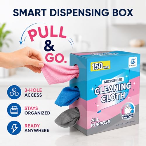 Image of GLIMGLINT Microfiber Cleaning Cloth 150 Pack, Reusable Paper Towels 11 x 9 | Lint Free & Absorbent Cleaning Rags for Car, Home, Kitchen, Glass & Screen, Washable Shop Towel with Box, Pink /Blue /Grey